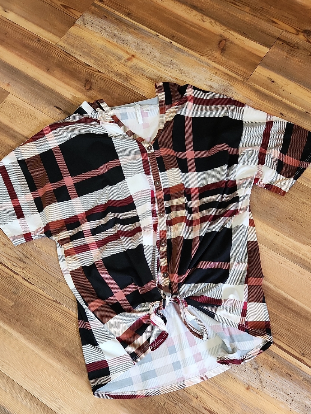 Cato Black White Brown Rust Plaid Button-Front Tie Hem Blouse